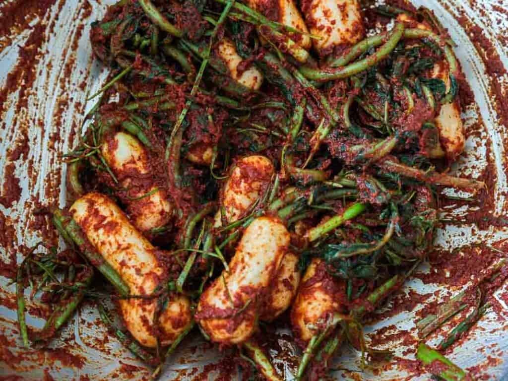 Vegan Ponytail Kimchi aka Chonggak-Kimchi Recipe. 44 Close-up of ponytail kimchi and leafy greens coated in a spicy red chili paste, perfect for a Vegan Kimchi recipe or adding a unique twist to dishes like Chonggak-Kimchi or tteokbokki.