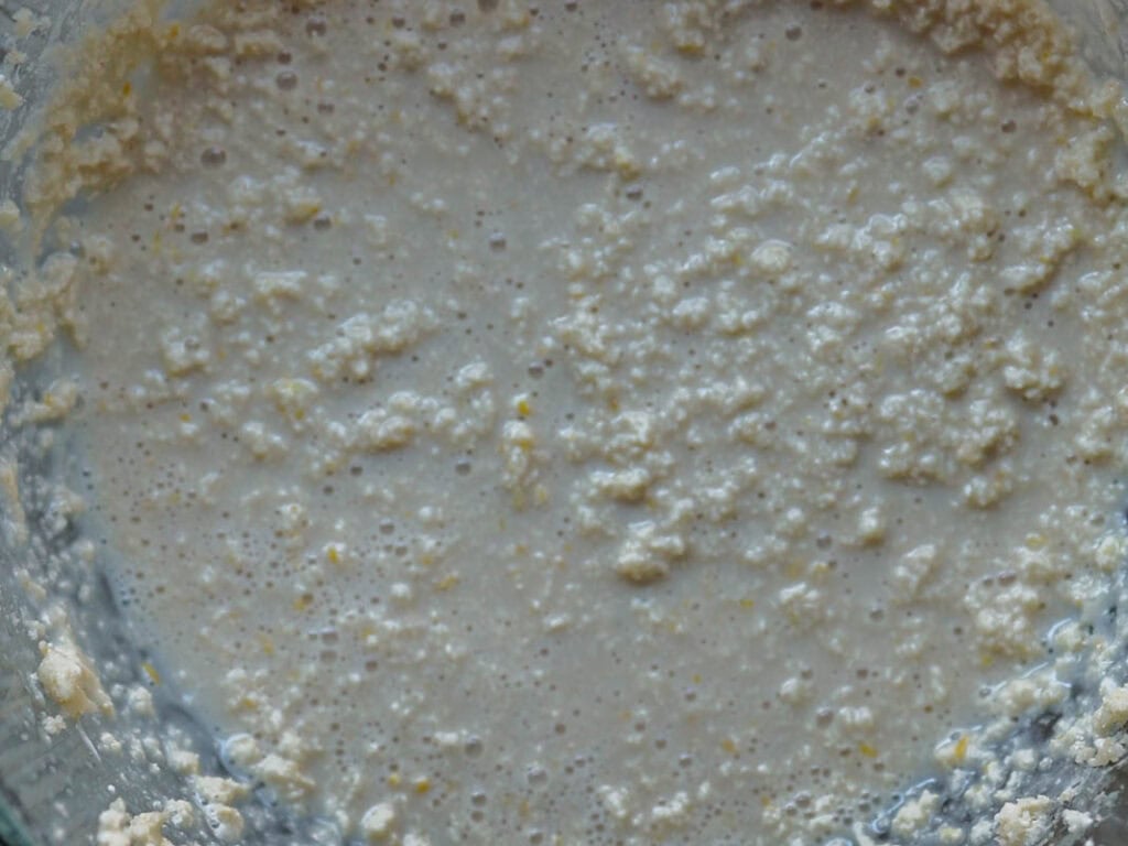 Delicious and Easy Vegan Lemon Poppyseed Muffins. 14 Close-up of a bowl containing a lumpy, pale batter or dough mixture, with visible grains and a wet, textured surface—perfect for making vegan lemon poppyseed muffins.