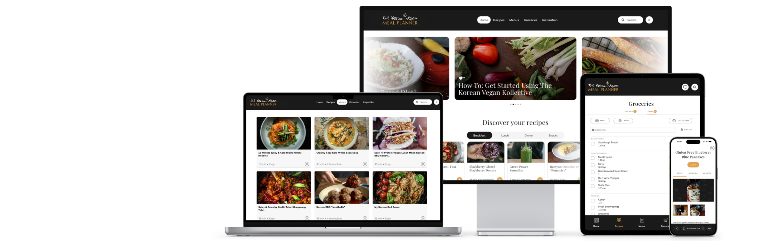 A responsive Meal Planner 2026 website is displayed on a laptop, desktop monitor, tablet, and smartphone, showing recipes, articles, and a grocery list on clean, modern interfaces.