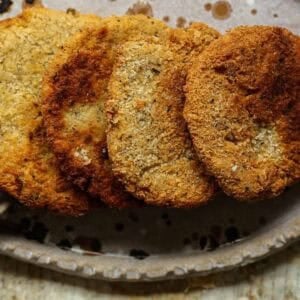 Four golden brown, breaded and crispy chickpea cutlets are arranged in a row on a rustic ceramic plate. The surface texture is crunchy, and the patties are overlapping slightly.