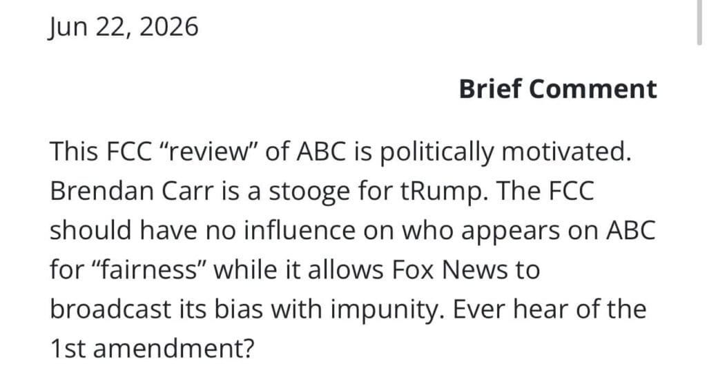 The FCC, First Amendment, and Censorship. 3 A text excerpt dated June 22, 2026, criticizes the FCC’s review of ABC as politically motivated censorship, accuses Brendan Carr of bias, and argues for First Amendment protections while mentioning Fox News’s unchecked bias.