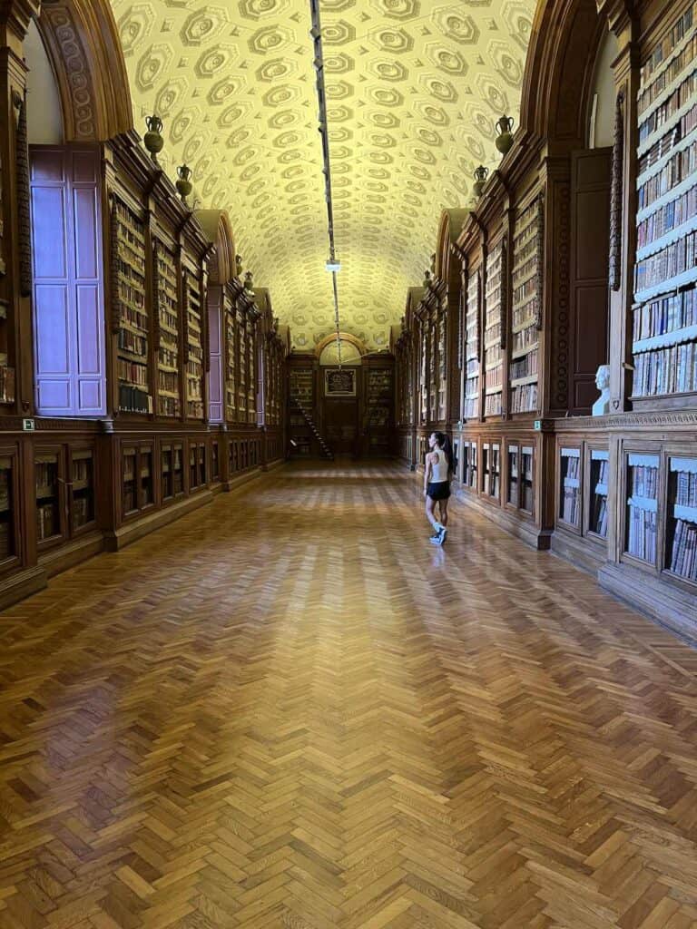 A person stands in the center of a grand, ornate Mutti library hall with tall bookshelves, arched windows, and a patterned ceiling. The polished wooden floor reflects the light from the windows.
