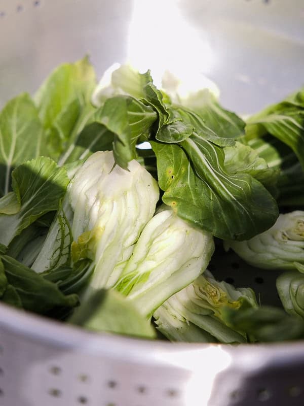 BEST Baby Bok Choy Kimchi Recipe - Easy & Delicious 5 Fresh bok choy halves in a metal colander, with sunlight highlighting the crisp, green leaves and white stemsโperfect for preparing flavorful bok choy kimchi.