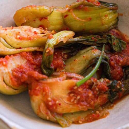 BEST Baby Bok Choy Kimchi Recipe - Easy & Delicious 48 A bowl of bok choy kimchi covered in red chili sauce, served in a grayish ceramic bowl on a white surface.